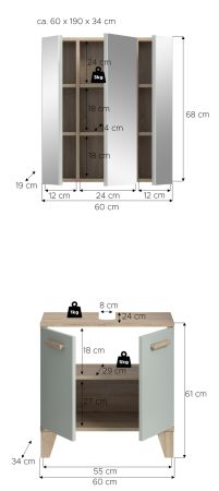 Badm�bel Set 2-teilig Luna in gr�n und Eiche Badkombination skandinavisch 60 x 190 cm