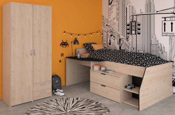 Parisot Kinder- und Jugendzimmer Milky in Eiche Jackson und schwarz Set 2-teilig mit Stauraumbett und Kleiderschrank