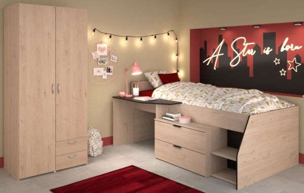 Parisot Kinder- und Jugendzimmer Milky in Eiche Jackson und schwarz Set 2-teilig mit Stauraumbett und Kleiderschrank