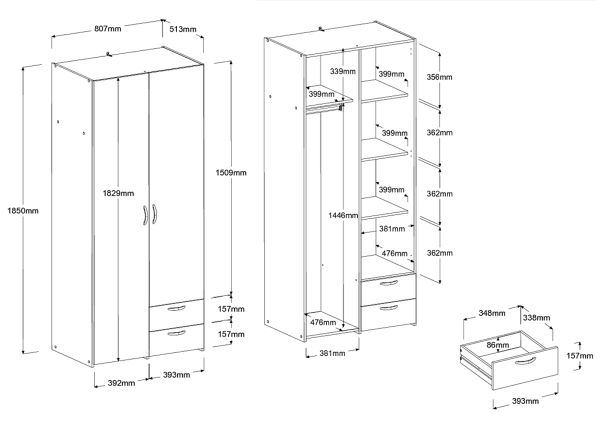 Parisot Kinder- und Jugendzimmer Milky in Eiche Jackson und schwarz Set 2-teilig mit Stauraumbett und Kleiderschrank