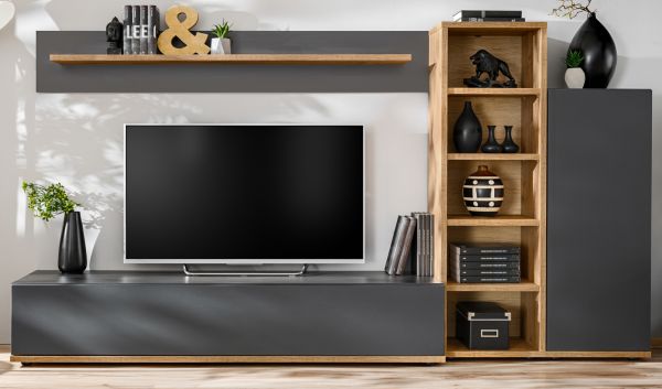 Wohnwand Lester in grau und Wotan Eiche Schrankwand 240 cm, Push-to-Open