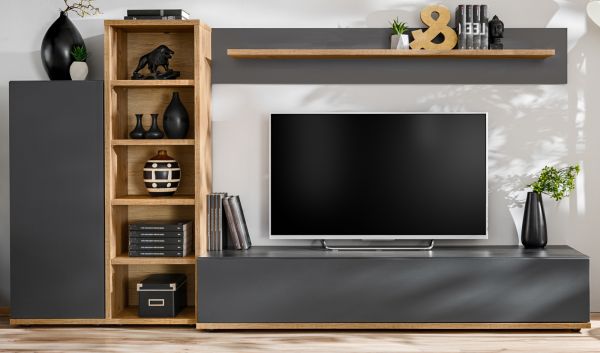 Wohnwand Lester in grau und Wotan Eiche Schrankwand 240 cm, Push-to-Open