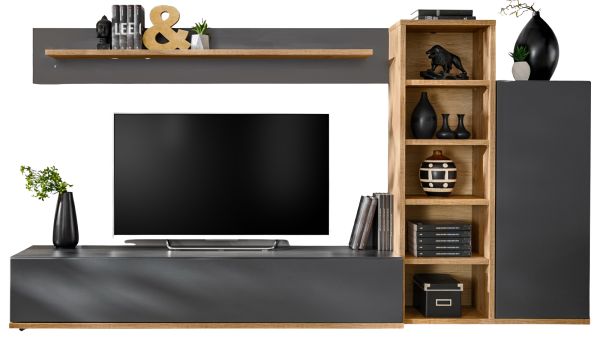 Wohnwand Lester in grau und Wotan Eiche Schrankwand 240 cm, Push-to-Open