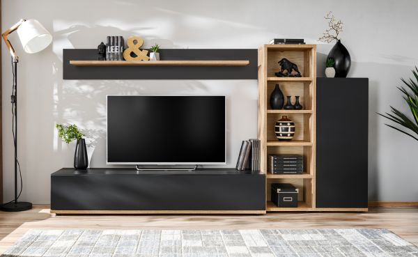 Wohnwand Lester in schwarz und Ribbeck Eiche Schrankwand 240 cm, Push-to-Open