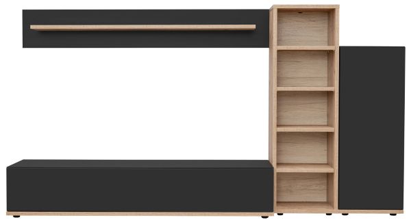 Wohnwand Lester in schwarz und Ribbeck Eiche Schrankwand 240 cm, Push-to-Open