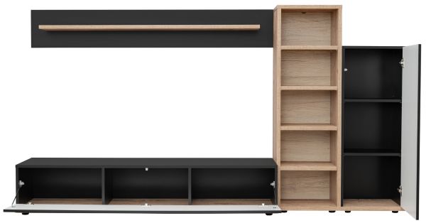 Wohnwand Lester in schwarz und Ribbeck Eiche Schrankwand 240 cm, Push-to-Open