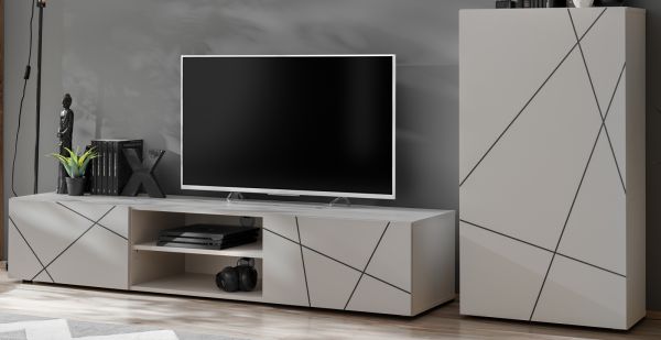 Wohnwand Metrik in Kaschmir und schwarz Schrankwand mit Streifendruck 180 cm, Push-to-Open