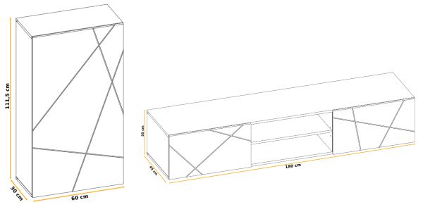 Wohnwand Metrik in Kaschmir und schwarz Schrankwand mit Streifendruck 180 cm, Push-to-Open