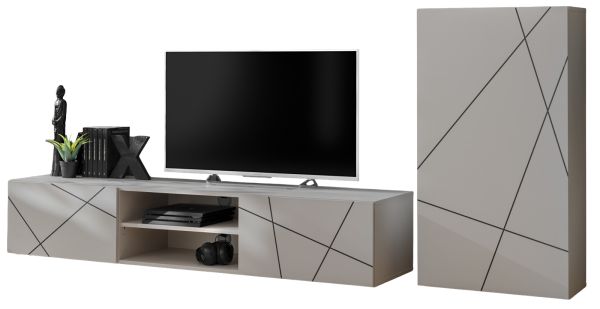 Wohnwand Metrik in Kaschmir und schwarz Schrankwand mit Streifendruck 180 cm, Push-to-Open