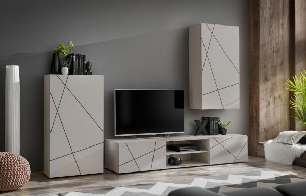 Wohnwand Metrik in Kaschmir und schwarz Schrankwand mit Streifendruck 260 cm, Push-to-Open