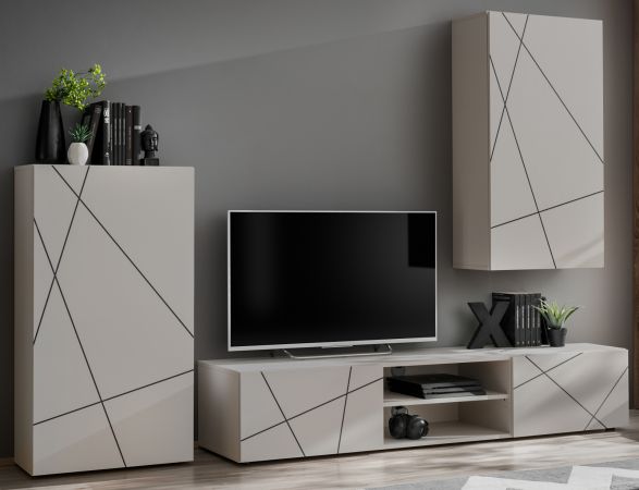 Wohnwand Metrik in Kaschmir und schwarz Schrankwand mit Streifendruck 260 cm, Push-to-Open