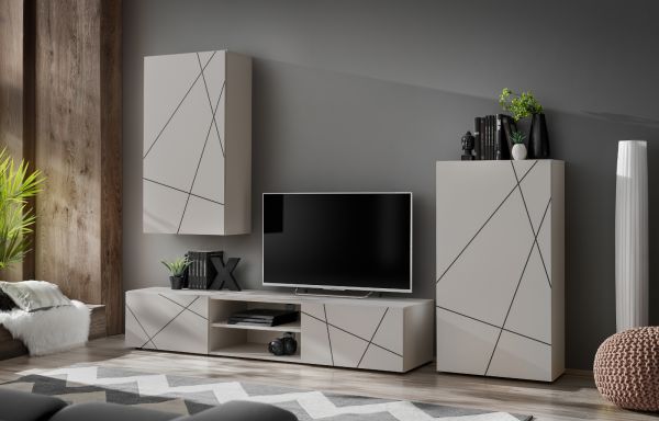 Wohnwand Metrik in Kaschmir und schwarz Schrankwand mit Streifendruck 260 cm, Push-to-Open