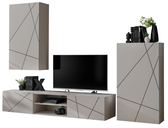 Wohnwand Metrik in Kaschmir und schwarz Schrankwand mit Streifendruck 260 cm, Push-to-Open