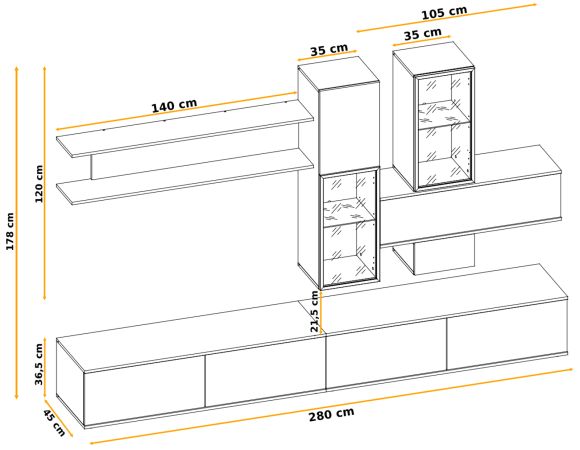 Wohnwand Statement in Evoke Eiche und schwarz Schrankwand 280 x 180 cm, inkl. LED, Push-to-Open