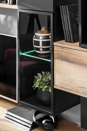 Wohnwand Statement in Evoke Eiche und schwarz Schrankwand 280 x 180 cm, inkl. LED, Push-to-Open