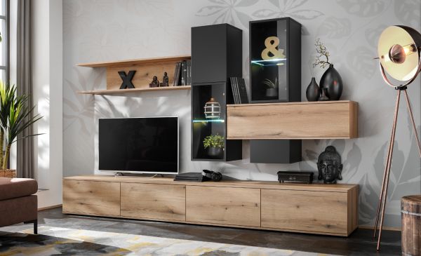 Wohnwand Statement in Evoke Eiche und schwarz Schrankwand 280 x 180 cm, inkl. LED, Push-to-Open