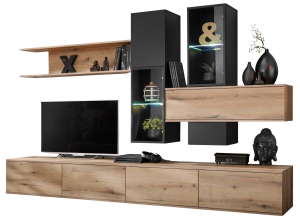 Wohnwand Statement in Evoke Eiche und schwarz Schrankwand 280 x 180 cm, inkl. LED, Push-to-Open