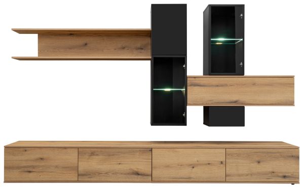 Wohnwand Statement in Evoke Eiche und schwarz Schrankwand 280 x 180 cm, inkl. LED, Push-to-Open