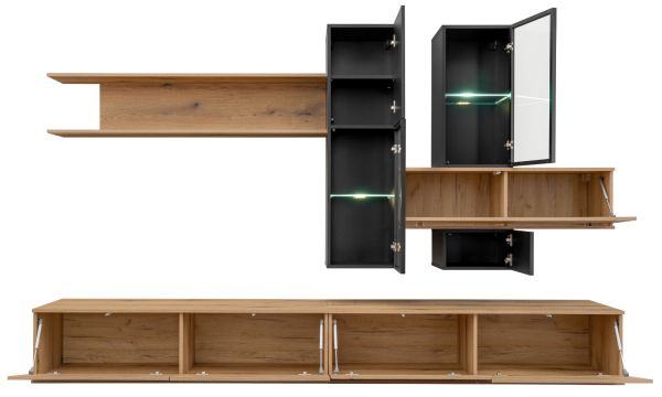 Wohnwand Statement in Evoke Eiche und schwarz Schrankwand 280 x 180 cm, inkl. LED, Push-to-Open