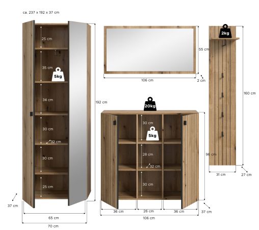 Garderobe Set 4-teilig Loreno in Evoke Eiche 237 x 192 cm