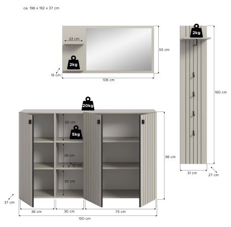 Garderobe Set 3-teilig Loreno in Kaschmir 196 x 192 cm
