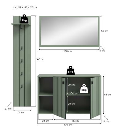 Garderobe Set 3-teilig Loreno in gr�n 152 x 192 cm