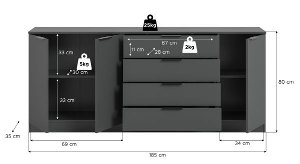 Sideboard Swan in grau Kommode 185 x 80 cm