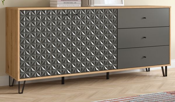 Sideboard Relief in grau und Artisan Eiche Kommode mit 3-D Struktur 169 x 76 cm