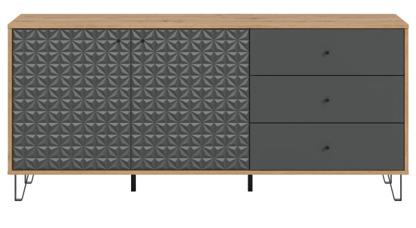 Sideboard Relief in grau und Artisan Eiche Kommode mit 3-D Struktur 169 x 76 cm
