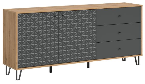 Sideboard Relief in grau und Artisan Eiche Kommode mit 3-D Struktur 169 x 76 cm