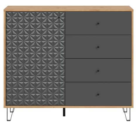 Kommode Relief in grau und Artisan Eiche Sideboard mit 3-D Struktur 110 x 96 cm
