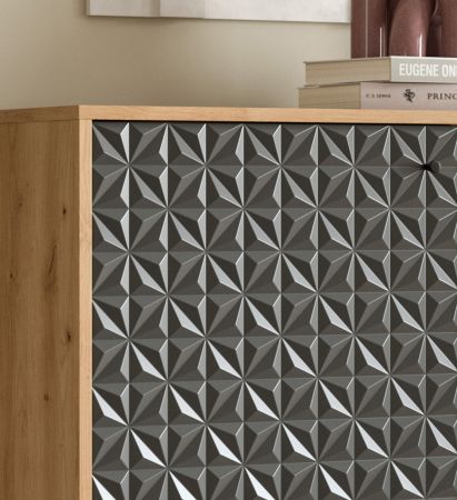Kommode Relief in grau und Artisan Eiche Sideboard mit 3-D Struktur 110 x 96 cm