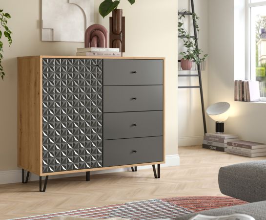 Kommode Relief in grau und Artisan Eiche Sideboard mit 3-D Struktur 110 x 96 cm