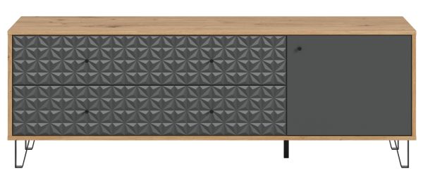 TV-Lowboard Relief in grau und Artisan Eiche TV Unterteil mit 3-D Struktur 164 x 56 cm