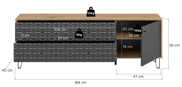 TV-Lowboard Relief in grau und Artisan Eiche TV Unterteil mit 3-D Struktur 164 x 56 cm