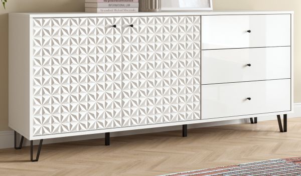 Sideboard Relief in wei� Hochglanz Kommode mit 3-D Struktur 169 x 76 cm