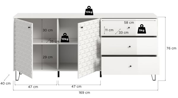 Sideboard Relief in wei� Hochglanz Kommode mit 3-D Struktur 169 x 76 cm