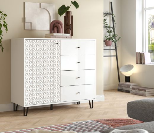 Kommode Relief in wei� Hochglanz Sideboard mit 3-D Struktur 110 x 96 cm