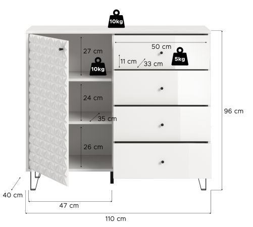 Kommode Relief in wei� Hochglanz Sideboard mit 3-D Struktur 110 x 96 cm