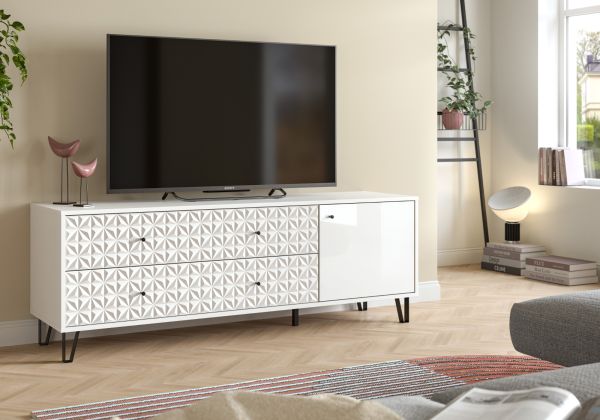 TV-Lowboard Relief in wei� Hochglanz TV Unterteil mit 3-D Struktur 164 x 56 cm