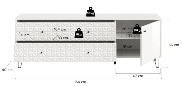 TV-Lowboard Relief in wei� Hochglanz TV Unterteil mit 3-D Struktur 164 x 56 cm