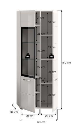 Vitrine Cover in wei� Hochglanz Vitrinenschrank 60 x 160 cm