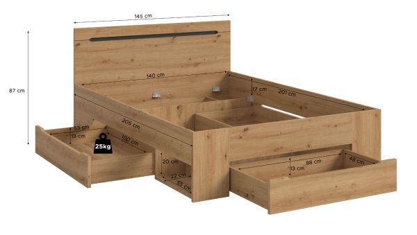 Bett Cooper in Artisan Eiche und grau Stauraumbett mit 3 x Bettschubkasten Liegefl�che 140 x 200 cm