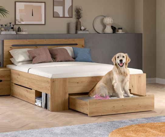 Bett Cooper in Artisan Eiche und grau Stauraumbett mit 3 x Bettschubkasten Liegefl�che 140 x 200 cm