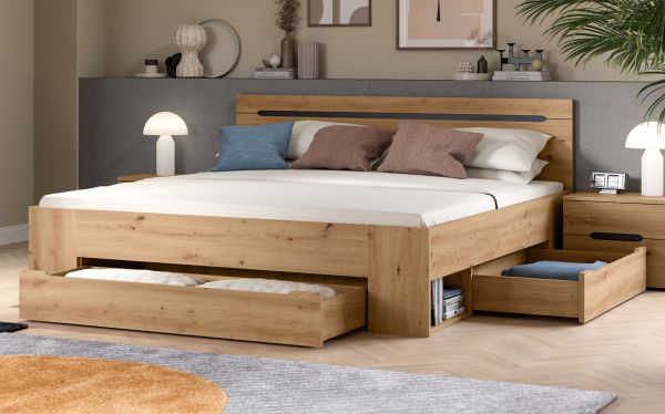 Bett Cooper in Artisan Eiche und grau Stauraumbett mit 3 x Bettschubkasten Liegefl�che 180 x 200 cm