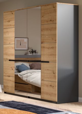 Kleiderschrank Cooper in Artisan Eiche und grau Dreht�renschrank 4-t�rig mit Spiegel 180 cm, Soft-Close