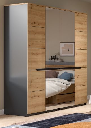 Kleiderschrank Cooper in Artisan Eiche und grau Dreht�renschrank 4-t�rig mit Spiegel 180 cm, Soft-Close