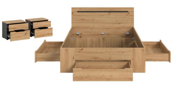 Schlafzimmer Set 3-teilig Cooper in Artisan Eiche und grau mit Bett Liegefl�che 140 x 200 cm und 2x Nachttisch