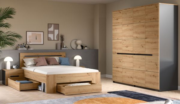 Schlafzimmer Set 4-teilig Cooper in Artisan Eiche und grau mit Kleiderschrank, Bett und 2x Nachttisch, Soft-Close