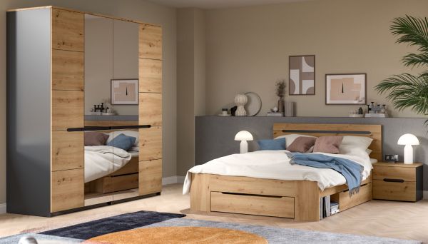 Schlafzimmer Set 4-teilig Cooper in Artisan Eiche und grau mit Kleiderschrank, Bett und 2x Nachttisch, Soft-Close